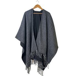 Terra Di Siena Grey and Black Shawl Open Front Wrap with Fringe One Size